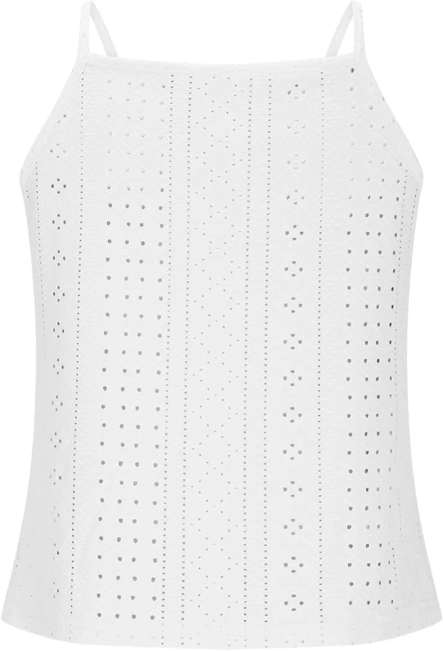 Women's Summer Halter Spaghetti Strap Eyelet Embroidery Sleeveless Tank Tops Lace Patchwork Blouses Shirts Camisole
