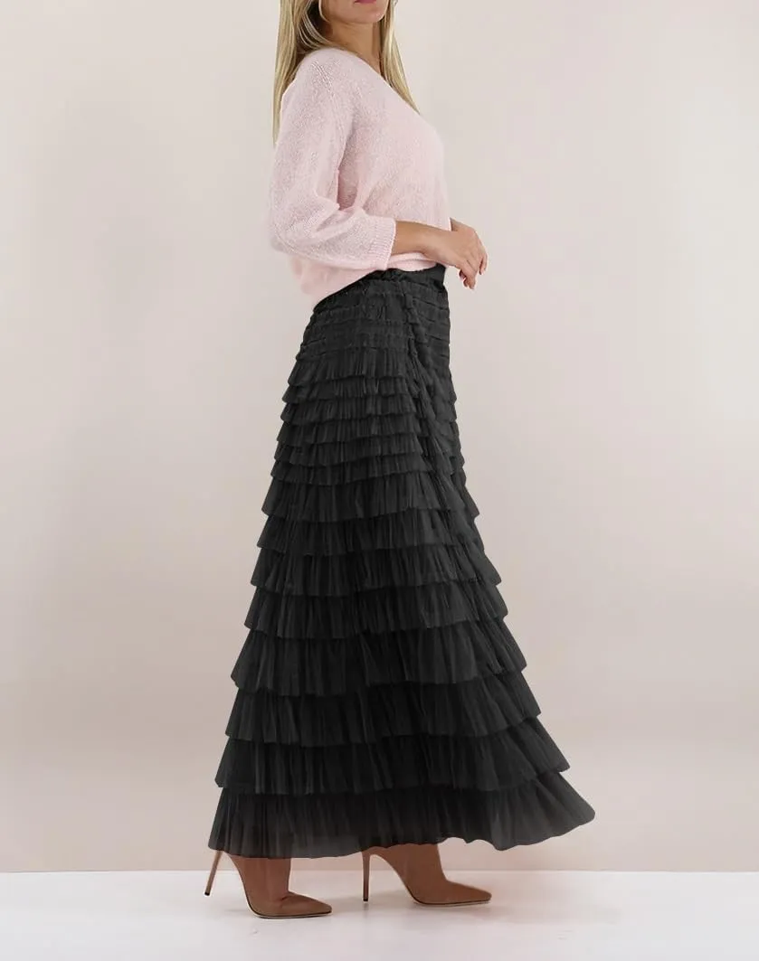 Womens Tiered Tulle Long Skirt A Line High Waist Layered Mesh Midi Skirts Pleated Ruffle Tutu Maxi Party Skirt
