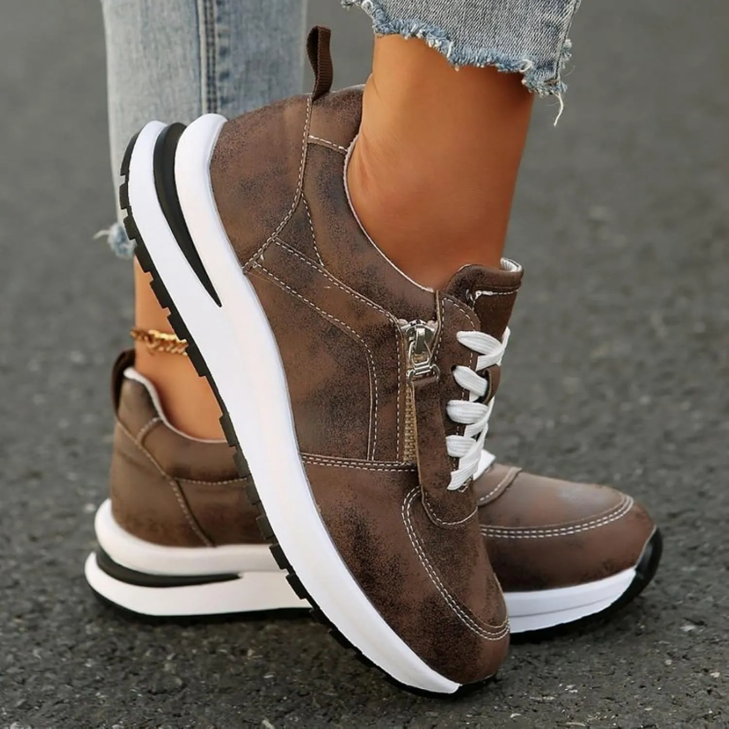 Women's Zipper Platform Tennis Shoes Wedge Sneakers Fashion Canvas Casual Hidden Heel Slip On Sneaker Non Side Low-Top Lace-Up Solid Color with Comfortable Lightweight Walking