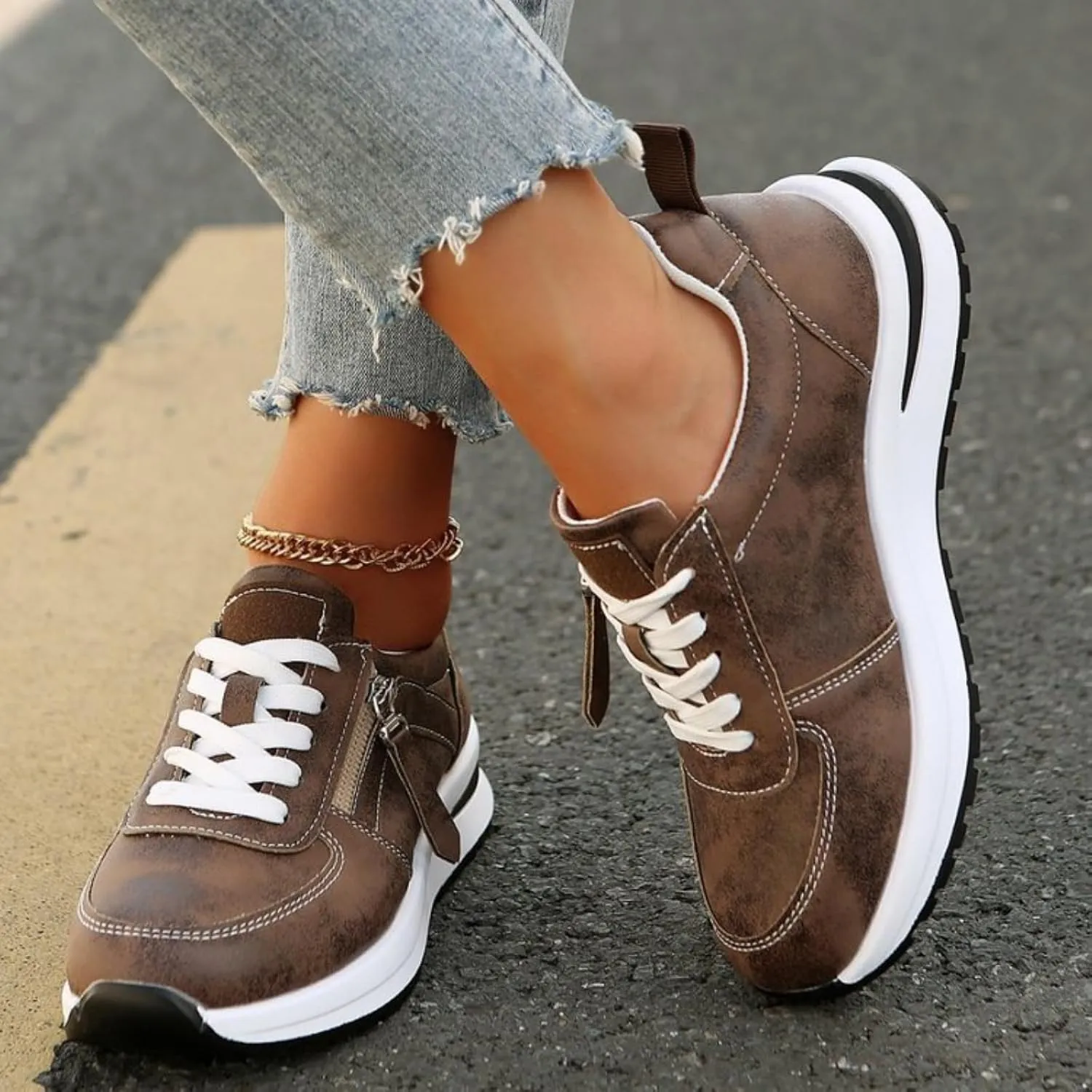 Women's Zipper Platform Tennis Shoes Wedge Sneakers Fashion Canvas Casual Hidden Heel Slip On Sneaker Non Side Low-Top Lace-Up Solid Color with Comfortable Lightweight Walking