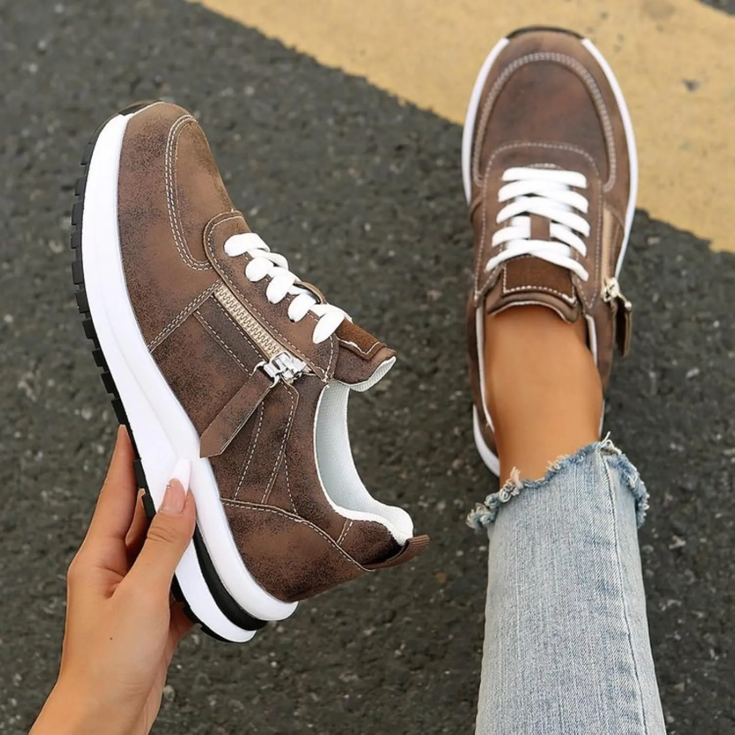 Women's Zipper Platform Tennis Shoes Wedge Sneakers Fashion Canvas Casual Hidden Heel Slip On Sneaker Non Side Low-Top Lace-Up Solid Color with Comfortable Lightweight Walking