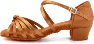 YKXLM Silk Fabric Brown Latin Dance Shoes for Girls Latin Ballroom Dance Shoes Girls with Diamond Buckle,Model US-TL-LP1203-ZSZK,1.5 M Little Kid