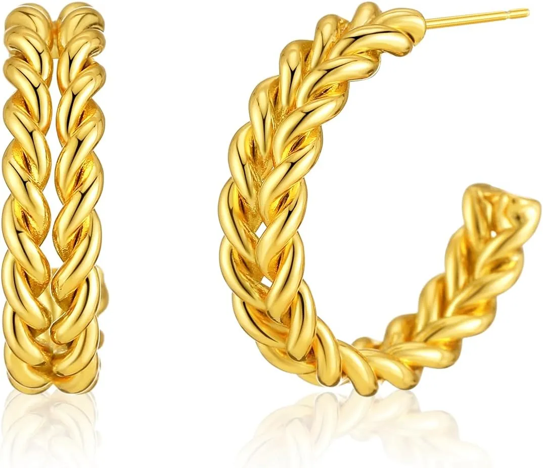 Yumikoo 18k Gold Plated Earrings Copper Dangle Stud Earrings for Women Braided C-Shaped Stud Earrings
