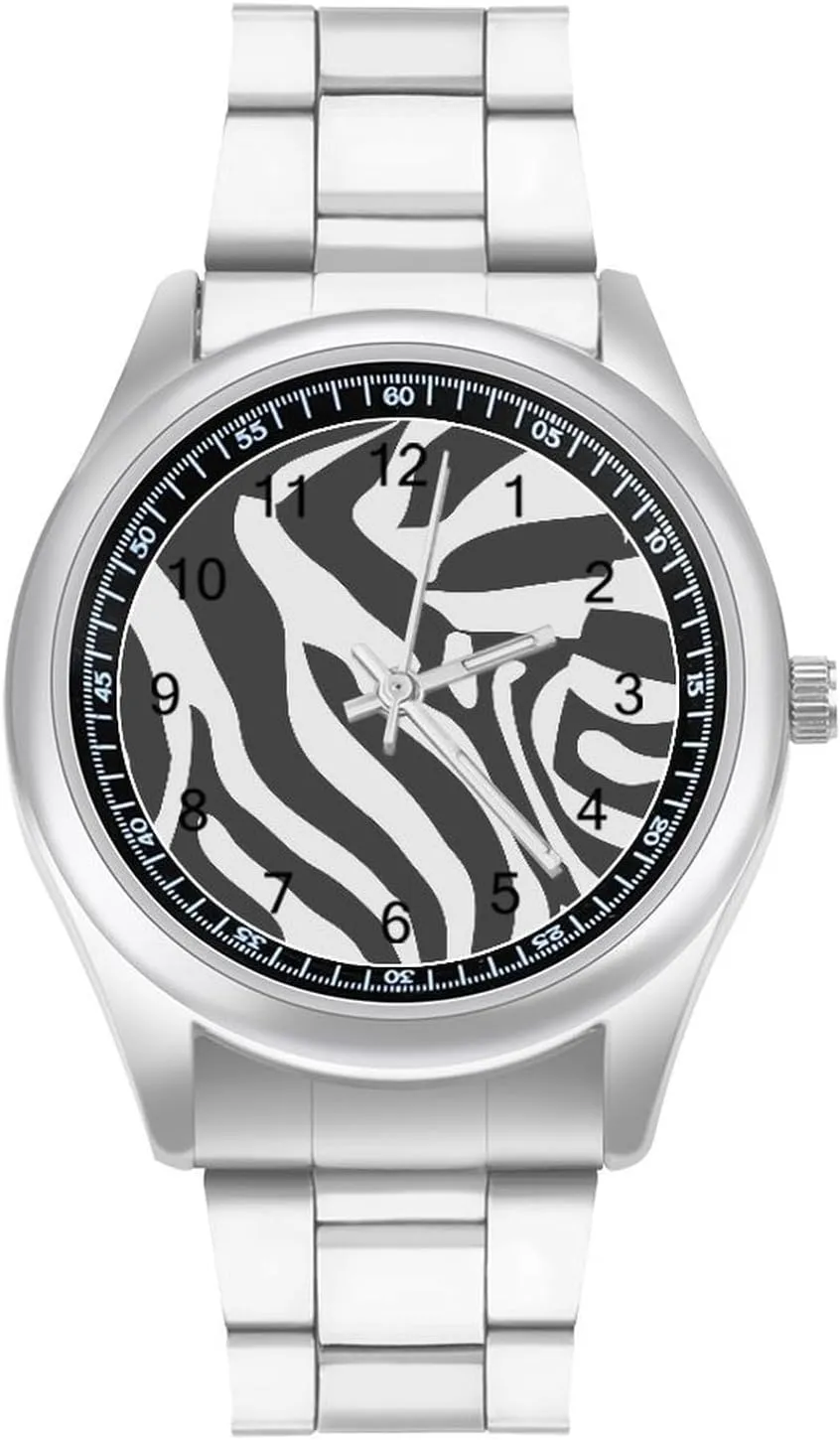 Zebra Print Watches Stainless Steel Band Wristwatch Business Dress Watch for Work Home